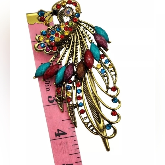 Rhinestone Peacock Hair Clip Multicolor Rainbow Bird Barrette Sparkly Statement - Picture 5 of 5